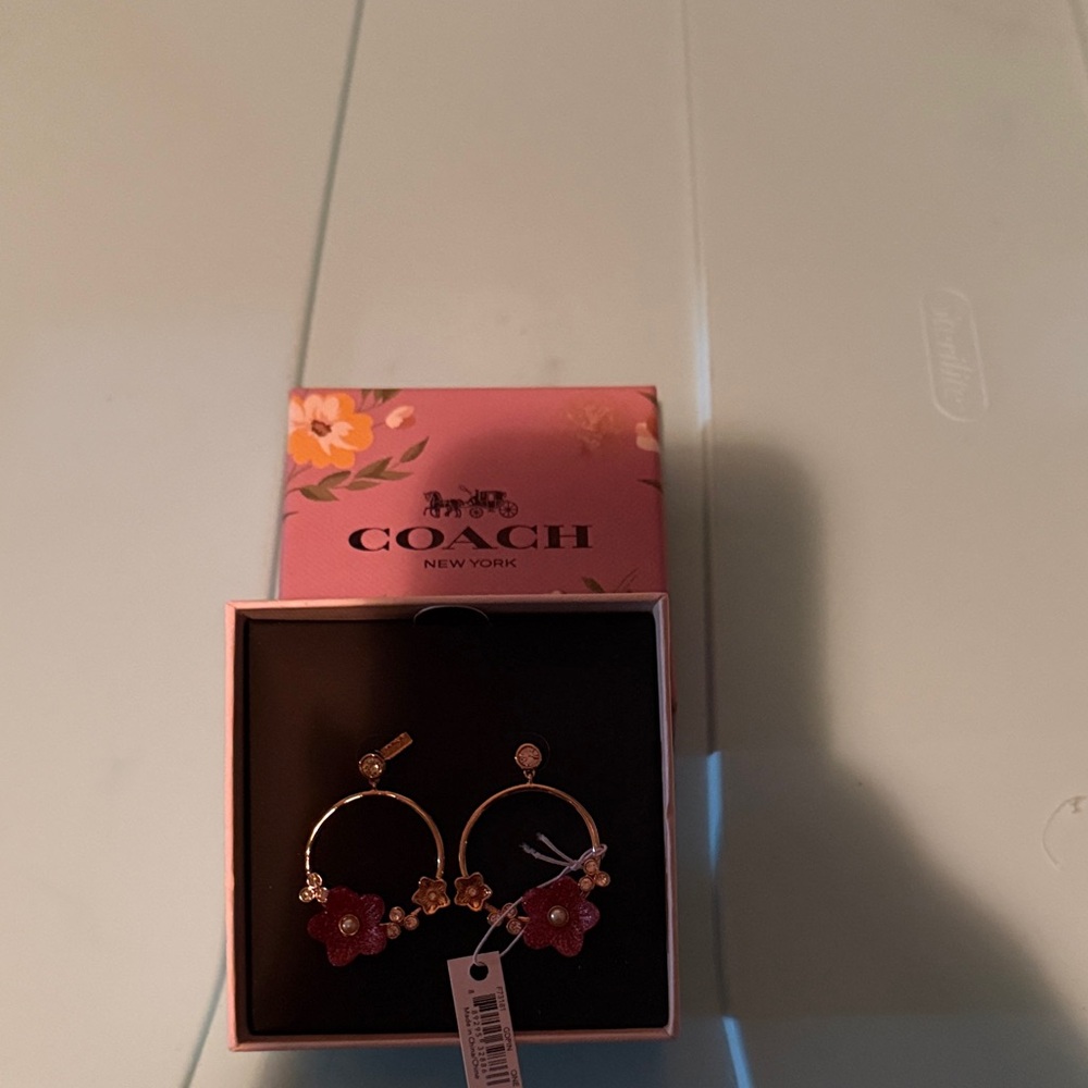 Coach Gold-Tone Hoop Earrings with Pink Floral Accents